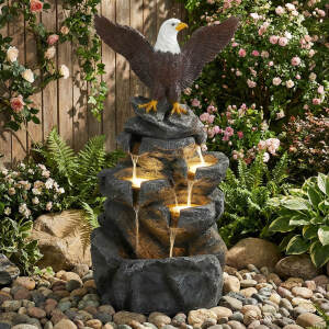 5 Tier Garden Fountain with Bald Eagle Statue, Outdoor Resin Water Feature with 4 LED Lights & Pump, Rock Cascading Waterfall Fountain for Patio Yard Porch Balcony and Home Art Decor