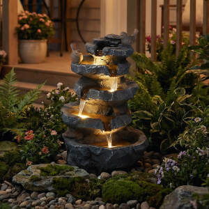 22.3" Tall Outdoor Rock Waterfall Fountain, 5-Tier Cascading Garden Water Feature with Bird Decor & LED Lights, Natural Stone Resin Fountain with Filter Cotton for Patio, Yard, Porch & Indoor