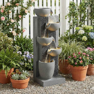 EPICOZY 23.3" Tall 5-Tier Cascading Bowl Outdoor Water Fountain, Modern Garden Waterfall Fountain with 4 LED Lights, Floor-Standing Resin Water Feature for Patio, Yard, Deck, House, Office, Home Décor