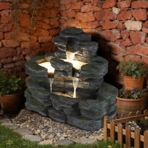 5-Tier Rock Outdoor Water Fountain, 29.7" L Realistic Moss Decor & Cascading Waterfall Fountain with LED Lights, Resin Garden Water Feature for Patio, Yard & Porch, Home Art Décor