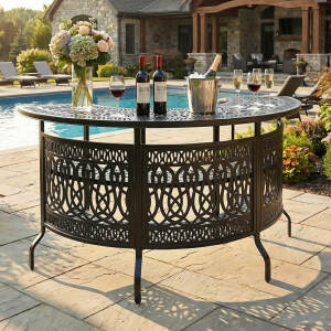 VIVIJASON 75" Large Outdoor Half Moon Bar Table, Heavy-Duty Cast Aluminum Patio Bar Unit with 2-Tier Storage Shelves, All-Weather Garden & Poolside Entertainment Station, Dark Bronze
