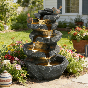 22.3" Tall Outdoor Rock Waterfall Fountain, 5-Tier Cascading Garden Water Feature with Bird Decor & LED Lights, Natural Stone Resin Fountain with Filter Cotton for Patio, Yard, Porch & Indoor