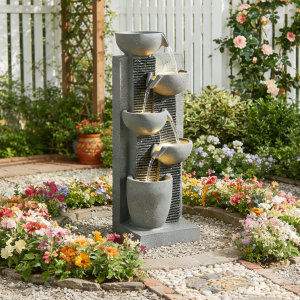 EPICOZY 23.3" Tall 5-Tier Cascading Bowl Outdoor Water Fountain, Modern Garden Waterfall Fountain with 4 LED Lights, Floor-Standing Resin Water Feature for Patio, Yard, Deck, House, Office, Home Décor