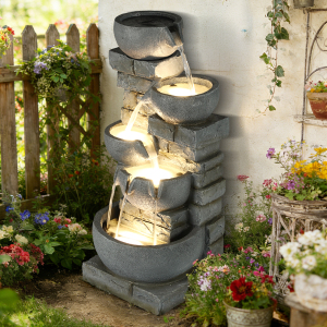 33" Tall Outdoor Water Fountain, 5 Tier Cascading Bowls and Stacked Stone Wall Waterfall Fountain with Warm LED Lights, Resin Garden Water Feature for Patio, Backyard, Porch and Home Art Décor