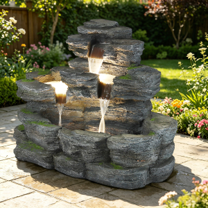 5-Tier Rock Outdoor Water Fountain, 29.7" L Realistic Moss Decor & Cascading Waterfall Fountain with LED Lights, Resin Garden Water Feature for Patio, Yard & Porch, Home Art Décor
