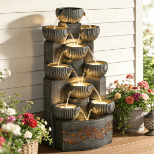 39.5" Tall Outdoor Water Fountain, 10-Tier Modern Floor-Standing Cascading Bowls Waterfall Fountain with Warm LED Lights, Resin Water Feature for Garden, Patio, Backyard, Porch and Home Décor
