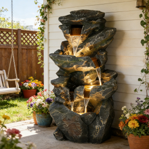 39.2" Tall Outdoor Water Fountain, 5-Tier Realistic Natural Rock Cascading Waterfall Fountain with LED Lights, Resin Garden Water Feature for Patio, Deck, Backyard and Home Art Décor