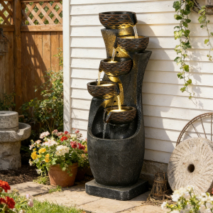 36" Tall Garden Water Fountain, 6-Tier Outdoor Floor-Standing Cascading Waterfall Fountain with 4 LED Lights & Pump, Textured Relief Resin Water Feature for Patio, Yard, Porch & Home Art Décor