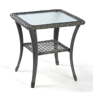 VIVIJASON Outdoor Wicker Side Table, All-Weather Rattan Patio Side Table Bistro Table with 2-Tier Storage, Tempered Glass Top Square End Table for Indoor, Balcony, Garden, Porch, Deck