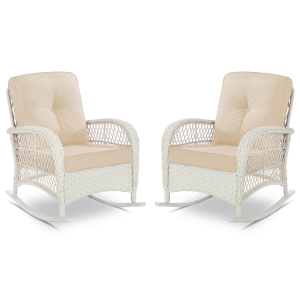 VIVIJASON 2 Piece Patio Wicker Rattan Rocker Chair, Outdoor Rattan Rocker Chair with Cushions & Steel Frame, All-Weather Rocking Lawn Wicker Furniture for Garden Backyard Porch, Cream White Wicker