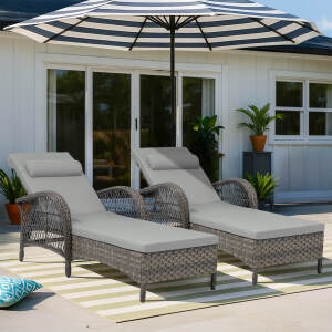 VIVIJASON Outdoor Wicker Chaise Lounge Chair Set of 2, All-Weather PE Rattan Cushioned Patio Lounger Chairs, 6-Position Adjustable Outside Pool Sunbathing Recliner with Armrest & Pillow